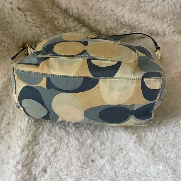 Coach Signature Nylon Blue Scarf Print Hobo Bag 11734 Leather strap and trim. - Picture 9 of 16